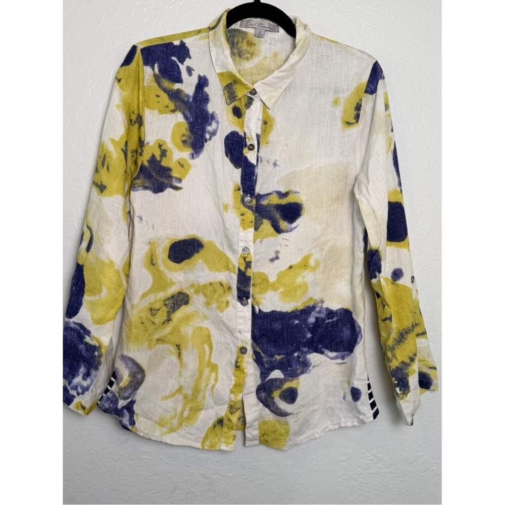 Earl Rutenberg Linen Button Front Blouse Size 6 Green Blue Watercolor Floral